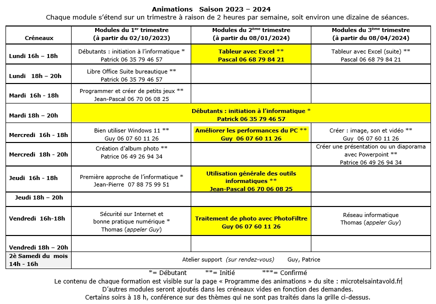 Planning des animations 2023-2024